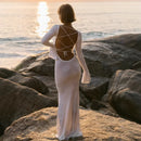 Vestido Longo Feminino com Estampa de Conchas e Manga Flare - Sexy Costas Abertas Renda Cor Sólida Gola Redonda