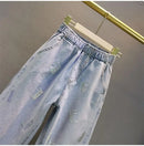 High waisted Jeans For Summer 2025 New Loose Elastic waist Hot pressed Diamond Pants Women's Casual Denim Trousers