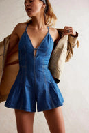 Macacão Jeans Feminino Curto com Cintura Alta e Bolsos - Casual Confortável