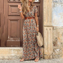 Elegant Floral Pleated H shaped Midi Dress Female V Neck Puff Sleeve Waist Ruched Button Dresses Women Summer Dress Robe
