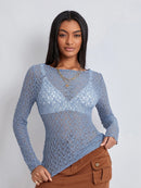 Women Lace Pullover TopS Retro Long Sleeve Round Neck See Through Solid Color Fitted T-Shirts Casual Blouse Streetwear Y2K 2000s