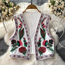 Vestê Feminino de Crochê com Bordado Floral e Decote V - Vintage Folk Tricô Primavera Outono