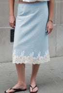 Womens Midi Skirt Elegant Lace Trim Hemline Classic Mid Rise Skirt for Women Comfortable Summer Midi Skirts