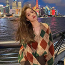 Cardigan Tricô Xadrez Feminino Estilo Coreano - Decote V Outono Inverno 2025