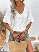 Women's Knit Embroidered Openwork Ruffled V-Neck Short-Sleeve Top / Women's T-Shirt / Spring/Fall / European & US Sizes