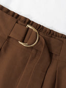 Women's Brown High Waist Suit Pants D-buckle Decor Ankle Length Straight Leg Pants Office Elegant Casual Spring Summer Trousers