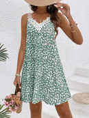 Women Dress Floral Lace Trim Spaghetti Strap A Line Mini Dress Boho Spring Summer Romantic Beach Vacation Flowy Comfy Outfit