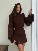 Lace Elegant Skirt Two Piece Set Women Turtleneck Hollow Out Lantern Sleeve Tops Irregular Hem Mini Skirt 2025 Chic Party Suit