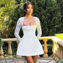 Vestido Mini Feminino com Renda Patchwork e Cintura Franzida - Linha A Costas Abertas Sexy Festa Balada Outono Inverno