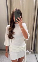 Vestido Mini Feminino Branco com Paetê e Renda - Manga Curta Elegante Festa 2026