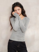 Elegant Ruched Cross V Neck Knit Top Slim Fit Long Sleeve Shirt for Women Chic Casual Early Spring Daily Base Layer Style Lady