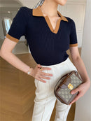 Top Tricô Feminino Manga Curta Decote V - Slim Elegante Casual Verão 2025