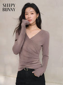 Elegant Ruched Cross V Neck Knit Top Slim Fit Long Sleeve Shirt for Women Chic Casual Early Spring Daily Base Layer Style Lady