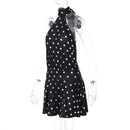 Vestido Mini Feminino com Estampa de Bolinhas e Amarração - Sexy Sem Manga Slim Patchwork Costas Abertas