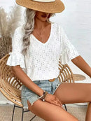 Women's Knit Embroidered Openwork Ruffled V-Neck Short-Sleeve Top / Women's T-Shirt / Spring/Fall / European & US Sizes