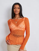 Women Lace Pullover TopS Retro Long Sleeve Round Neck See Through Solid Color Fitted T-Shirts Casual Blouse Streetwear Y2K 2000s