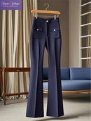 Elegant Office Lady Style High Waist Flared Trousers for Women Blue Slim Fit Straight Leg Pants French Chic Fall Outfit Lookbook