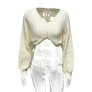 Cropped Tricô Manga Longa Feminino Casual - Decote V Solto Elegante Outono