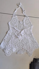 Vestido Mini Feminino Vazado com Renda e Alças Finas - Sexy Decote V Costas Abertas Praia Verão