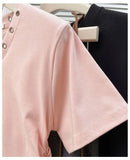 Women's V-Neck Rivet Detail Ruched Short Sleeve T-shirt Casual Slim Fit Crop Top