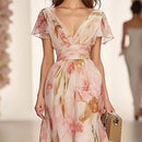 Boho Style Elegant Floral Print Long Dress Woman Spring V Neck High Waist Party Dress Summer Short Sleeve Zip Maxi Dress Vestido