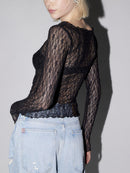 Women Lace Pullover TopS Retro Long Sleeve Round Neck See Through Solid Color Fitted T-Shirts Casual Blouse Streetwear Y2K 2000s