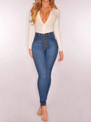 Women High Waist Elastic Slim Fit Skinny Jeans Lady Vintage Button Pencil Long Pants Narrow Straight Wrap Hips Casual Trousers