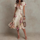 Boho Style Elegant Floral Print Long Dress Woman Spring V Neck High Waist Party Dress Summer Short Sleeve Zip Maxi Dress Vestido