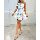 Vestido Mini Feminino Floral com Ombro Frio e Franzido - Férias Verão