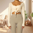 New Women Crop Wrap Tops Solid Color Tie up Hem V-Neck Fitted Long Sleeve Shirt For Club Streetwear Aesthetic Clothes S M L