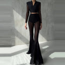 Elegant High Waist Slim Straight Trousers Sexy See Through Mesh Flare Pants for Women Summer Solid Commute Lady Long Pants Mujer