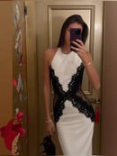 Vestido Longo Feminino com Renda Contrastante e Halter - Sexy Costas Abertas Festa