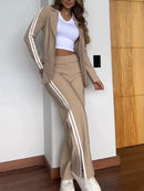 Women 2 Piece Sets Suit Jacket Wide Leg Pants Turn Down Collar Pockets Striped Blazer Coat Trousers 2025 Office Lady Outfits