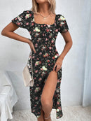 Women's Boho Curvy Holiday Outfits Frenchy Style Ditsy Floral Print Ruched Split Thigh Milkmaid Puff Sleeve Square Neck Dress