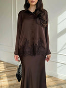 Women Two Piece Sets Skirt Set Turn Down Collar Lace Sexy Full Sleeve Tops Long Skirts High Waist Y2k Streetwear Elegant Work