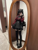 Women‘s Lolita Set Dark Femme Mesh Top & Waist Cinching Skirt, 2025 Autumn Japanese Street Style Coord for Gothic Baddie Fashion