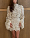 2026 New Women's Long Sleeve Design Fashion Openwork Lace Miniskirt Elegant Temperament Autumn Party Banquet Evening Dress
