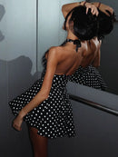 Vestido Bodycon Halter com Renda e Estampa de Bolinhas - Elegante Feminino