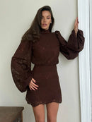 2026 New Women's Long Sleeve Design Fashion Openwork Lace Miniskirt Elegant Temperament Autumn Party Banquet Evening Dress