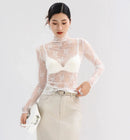 Sexy Lace Bottomed Blouse Women Long Sleeve Crop Top Sleeved High Neck With Hollowed Out Chiffon Foreign Style Sexy Mesh