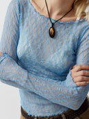Women Lace Pullover TopS Retro Long Sleeve Round Neck See Through Solid Color Fitted T-Shirts Casual Blouse Streetwear Y2K 2000s