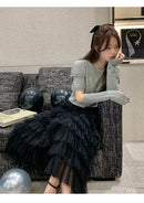 Elegant Multi-Layered Tulle Skirt Long Dress Women's Autumn Winter High Waist Cake Skirt Style Slimming Elegant Midi Skirt