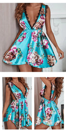 Vestido Feminino com Estampa e Alças de Cetim com Renda - Sexy Decote V Profundo Costas Abertas Elegante Verão