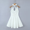 Vestido Mini Feminino Branco com Halter e Decote V - Sexy Costas Abertas Amarrão Evasê Festa Verão