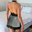 Vestido Curto Feminino Vintage com Listras e Halter - Sem Manga Costas Abertas Amarrão Casual Férias Verão 2025