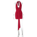 Vestido Mini Feminino com Halter e Franzido - Sexy Renda Amarrão Slim Elegante Festa Clube