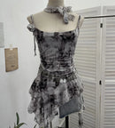 Women's Vintage Tie-dye Printed Mesh Spaghetti Strap Camisole Hot Girl Irregular Ruffled Ribbon Sleeveless Top Partyclub 1185
