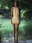 Vestido Mini Feminino Sexy com Renda e Franjas de Pérolas - Halter Costas Abertas Festa