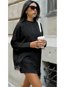 Ladies Elegant Asymmetric Lace Hem Black Blouse Chic O-neck Long Sleeve Loose T-shirt Tops 2026 New Spring Women's Blouse