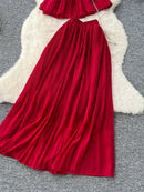 Women Summer Skirt Sets New Fashionable Three-dimensional Flower Short Sleeved Chiffon Top Pleated Skirt Two-piece Set C111